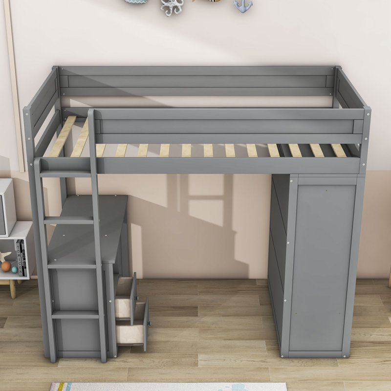 Lit mezzanine en bois avec armoires, bureau et 2 tiroirs Kaylor, Simple, gris