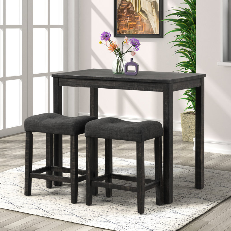 De 2 tabourets à hauteur de comptoir à boutons gris, avec assise et repose-pieds, siège en bois massif et repose-pieds en bois d'hévéa
