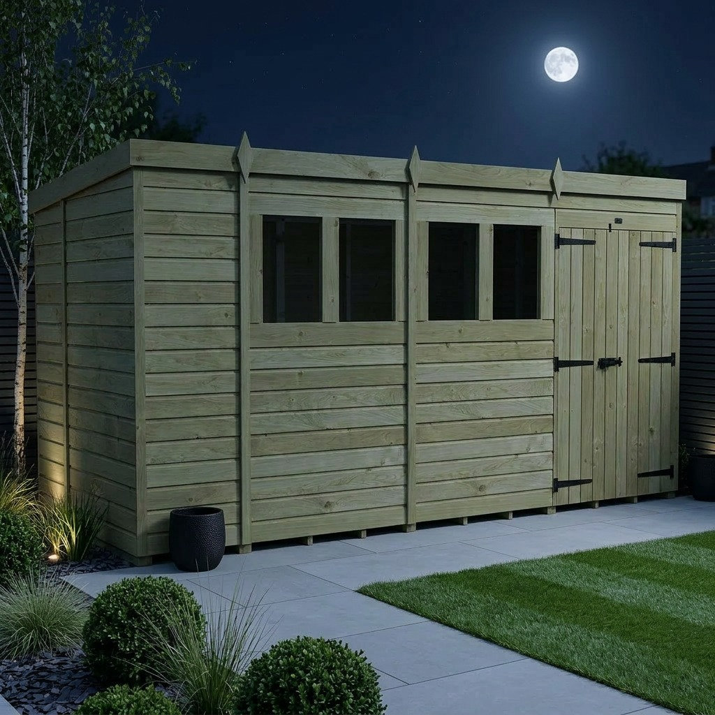 Total Sheds 14ft x 5ft Pent Garden Shed - Double Door - With Windows - Pressure Treated Timber - UK Manufactured