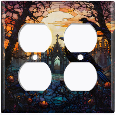 Halloween Spooky Church Raven Christmas Festive Tree Lights 2 - Gang Duplex Outlet Standard Wall Plate