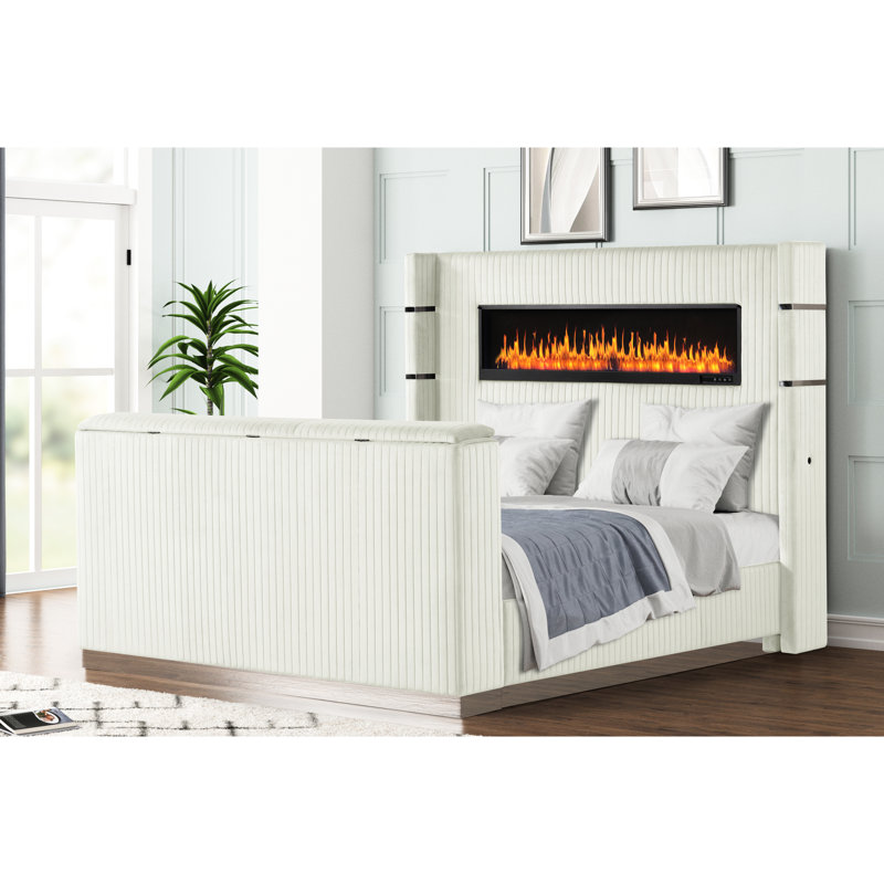 Grand lit avec foyer dans la tête de lit et meuble télé de 43 po, structure beige moderne en bois massif recouvert de tissu d'ameublement