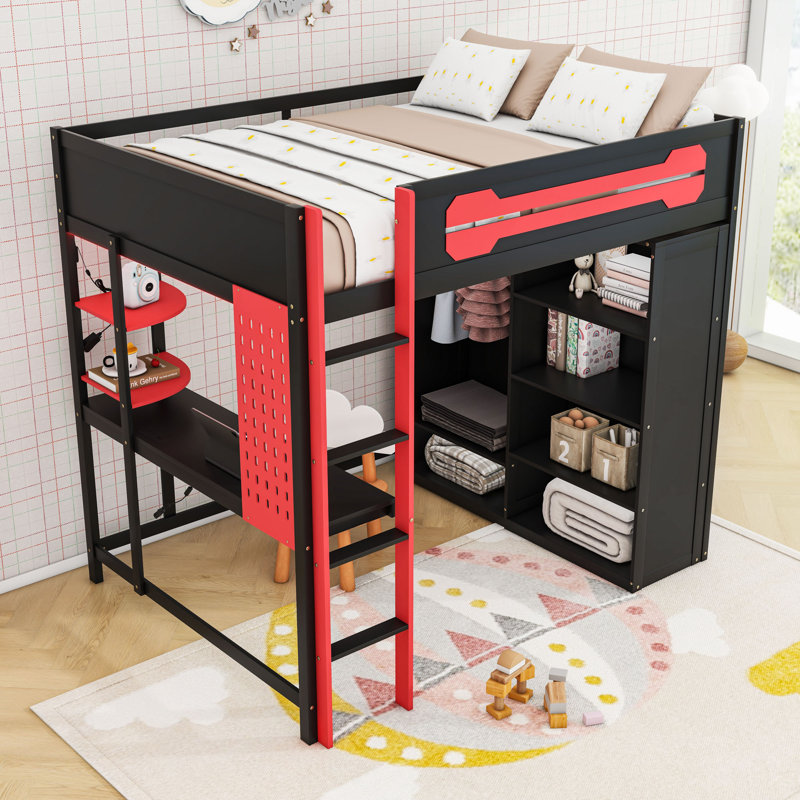 Modern Wood Loft Bed with Built-in Desk, Shelving, and USB Ports, Red