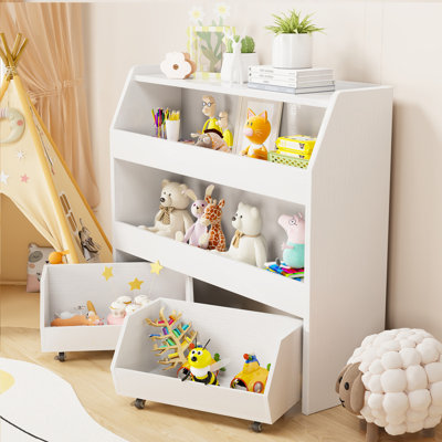 Toy Storge & Organizer Bookshelf With  Cubbies and  2 Movable Drawers, 2 Tier