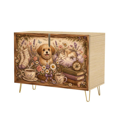 Buffet/meuble console moderne et chaleureux de style vintage, orné de motifs floraux, de livres et de tasses à thé. Ce meuble de rangement autoportant, idéal pour le salon, la cuisine, l'entrée ou le coin café, est doté de deux portes de rangement dissimulées. Économie d'espace assuré. Parfait pour le salon, la cuisine, l'entrée ou le coin café.