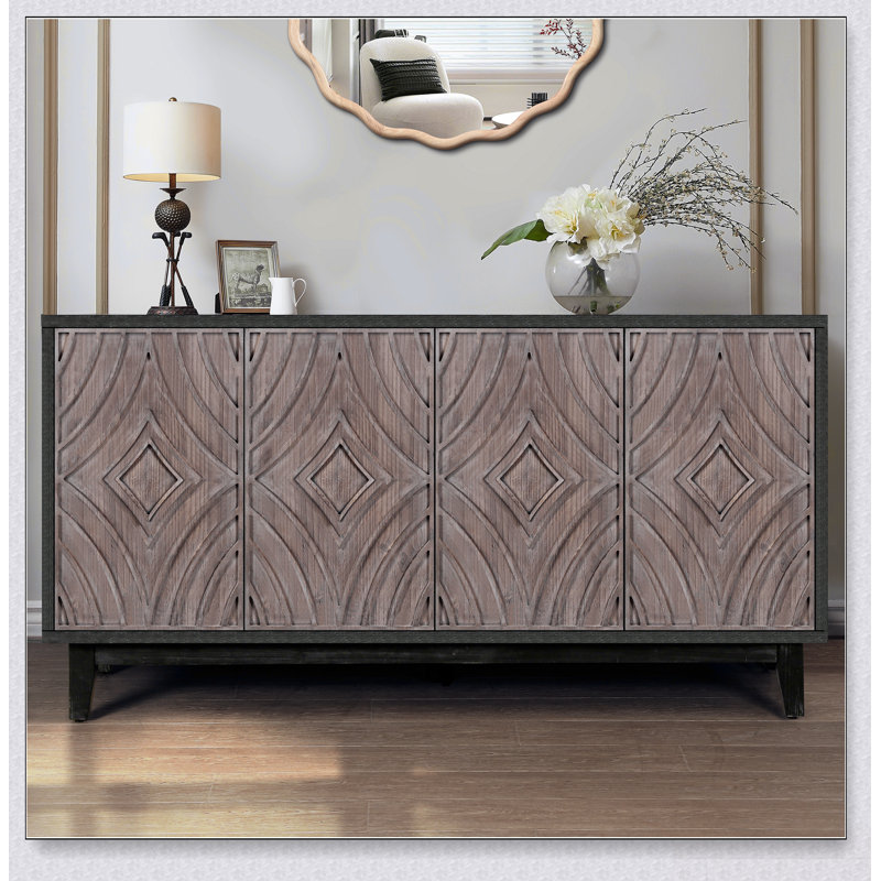 Buffet Mid-Century Buffet avec pieds en bois massif 60 po Armoire de rangement crédence avec 4 portes en losange à motif convexe et 2 tablettes console pour salon, etc.