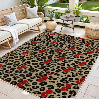  Tapis moderne de moquette intérieure moelleuse de 5 x 7 pi avec envers en caoutchouc antidérapant pour dessous de table de salle à manger, façade léopard cerise