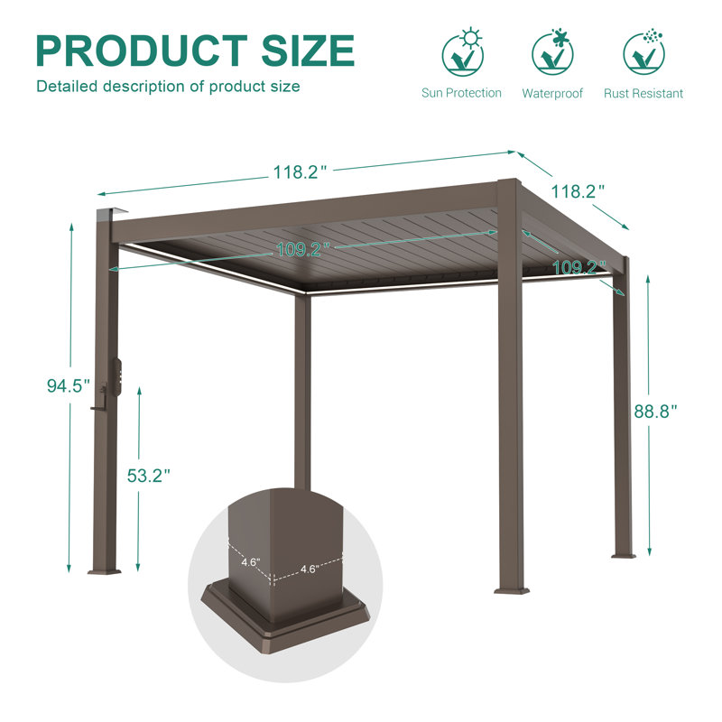 All Aluminum Louvered Roof Pergola with Solar LED, 10x10ft