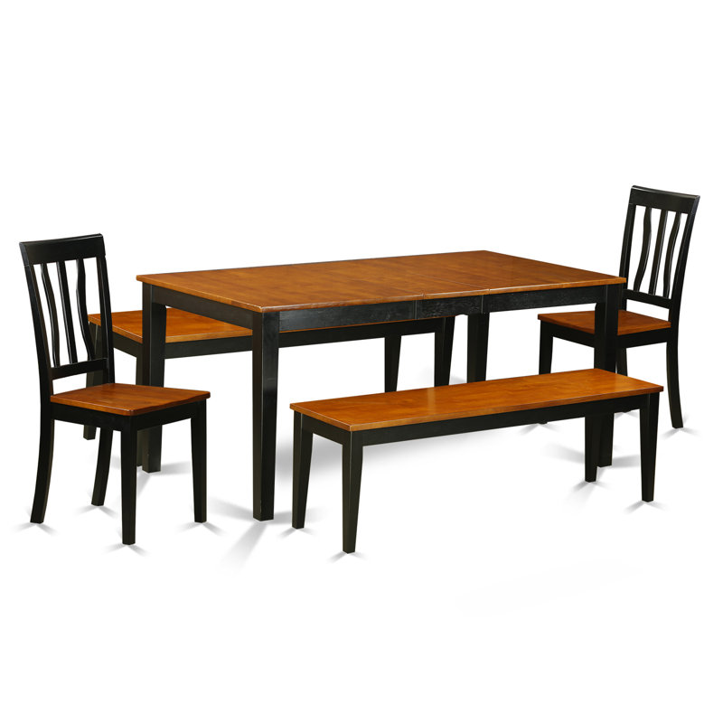 5 Piece Dinette Set for 4 Includes a Rectangle Dining Room Table with Butterfly Leaf and 2 Dining Chairs with 2 Benches, Black & Cherry