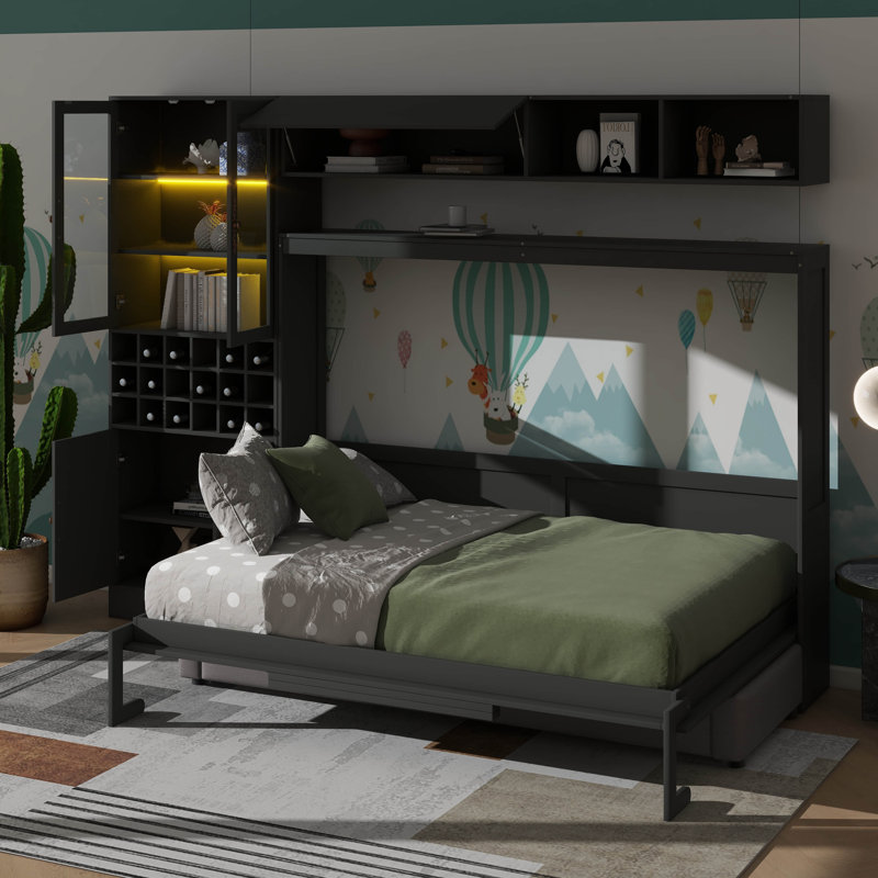 Lit escamotable mural avec bibliothèque intégrée USB et éclairage, Gris, Lit double