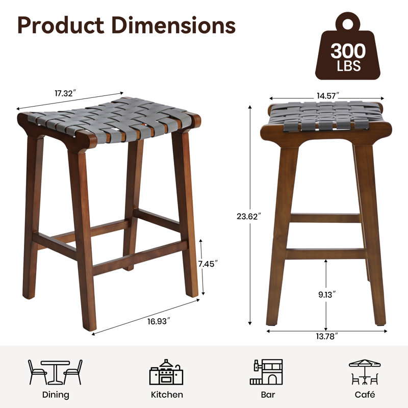 24 Inch Height Bar Stools, Faux Leather Woven Strips Counter Stools Backless Weave Bar Stool, Set Of 2, Walnut+grey