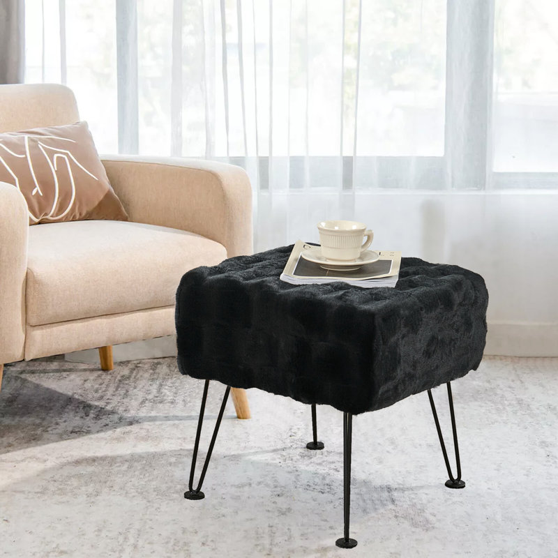 43.2cm Wide Square Solid Colour Standard Ottoman, Black Faux Fur