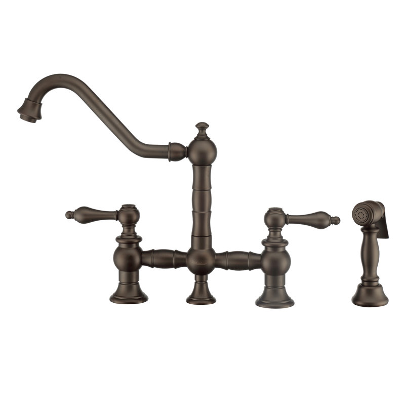 Whitehaus Collection Bridge Faucet with Long Traditional Swivel Spout Lever Handles and Solid Side Spray, Oil Rubbed Bronze