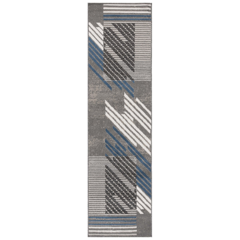Tapis rayé en jute / sisal / polypropylène tissé à la machine Padro - gris / bleu / ivoire, Tapis de couloir 2 pi 2 po x 8 pi