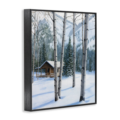 «Snowy Cabin Through Birch», art de la giclée encadrée par Kevin Daniel