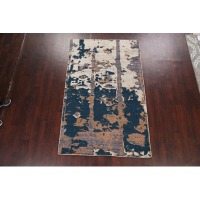 Tapis unique gris / ivoire / bleu noué à la main nouvel âge 4 pi 11 po x 7 pi 11 po