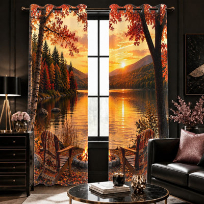 2 pièces de rideaux imprimés d'automne au coucher du soleil avec cheminée, style de paysage rustique sauvage, décoration de camping en plein air sur le thème de l'anneau pour le salon, décoration pour la maison