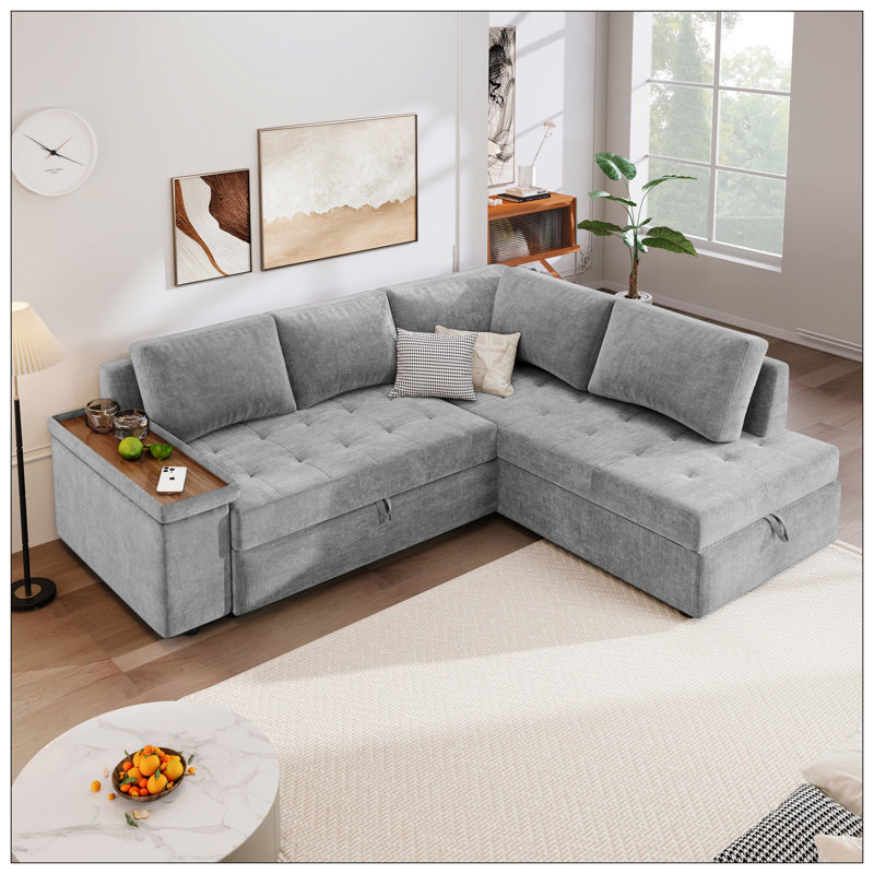 Canapé en L de 91,5 pouces avec lit escamotable et canapé-lit modulaire avec rangement caché, accoudoirs larges avec rangement, pour le salon, appartement, chambre à coucher, bureau