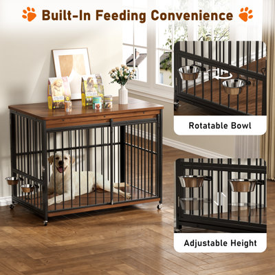 Dog Crate Furniture, 41’’ Wooden Dog Kennel Indoor With Sliding Front Door, Multi-side Openings & Feeding Window Pet Cage House