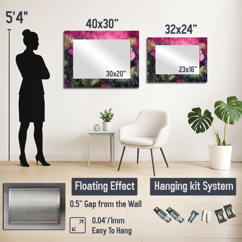 Lavande, hibiscus, symphonie tropicale - art mural miroir floral - imprimé sur métal, 24" x 32"