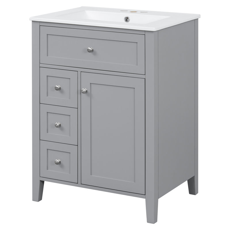24'' Freestanding Bathroom Vanity With Ceramic Top, Gray