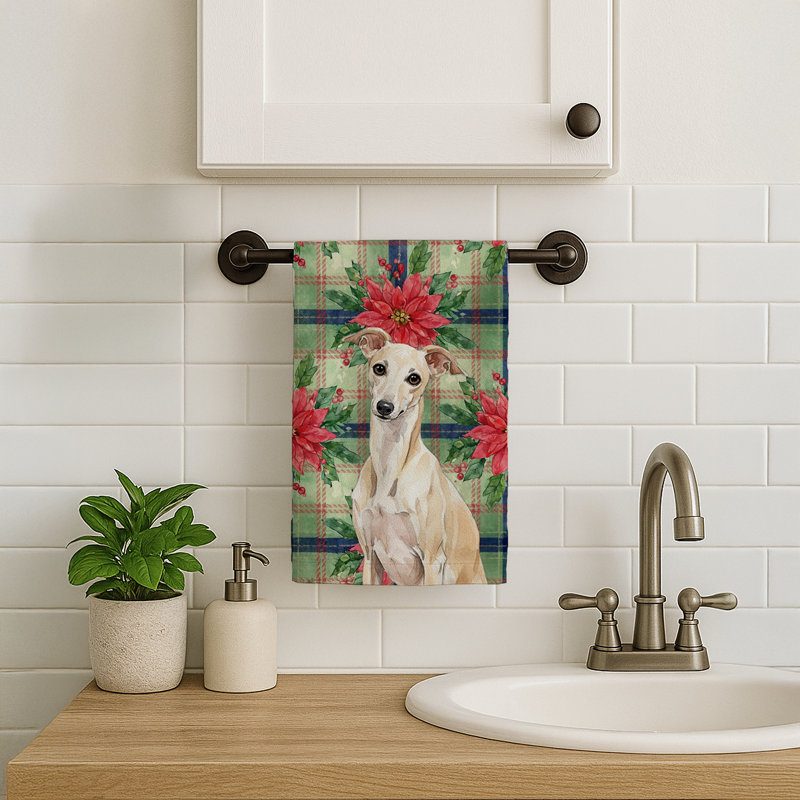 Cream Italian Greyhound Christmas PoinsettIas Kitchen Towel, Cream Italian Greyhound
