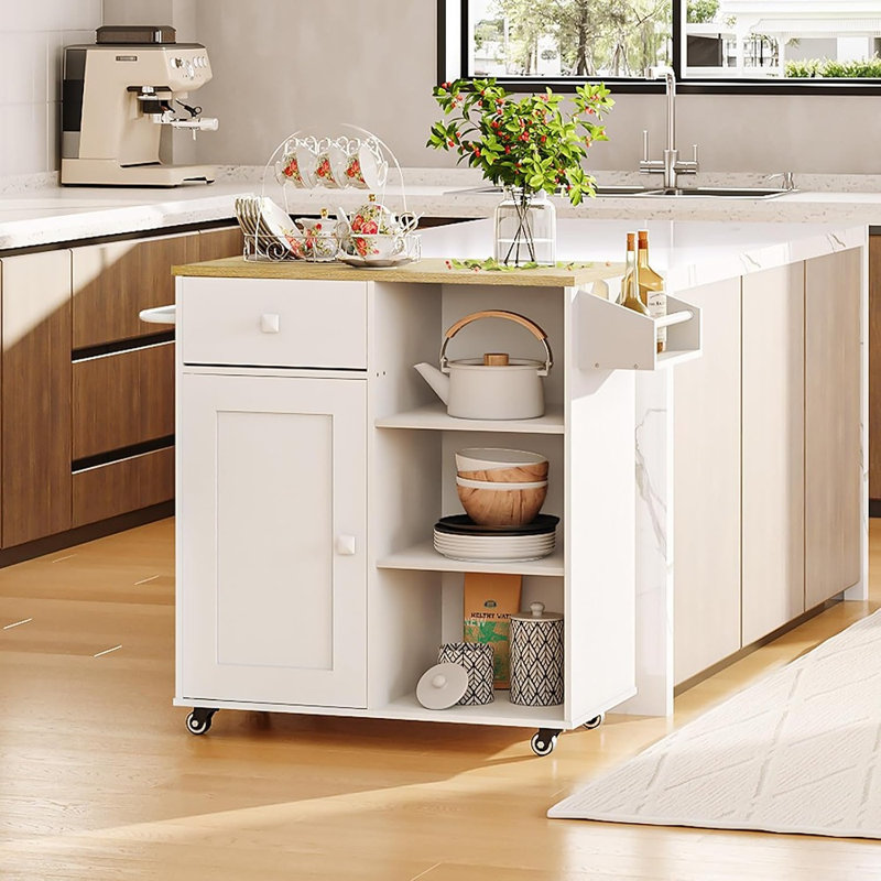 Kitchen Storage Cabinet With Drawer, Kitchen Cart With Spice And Towel Rack, Space-Saving Mobile Island For Living Room, White And Natural