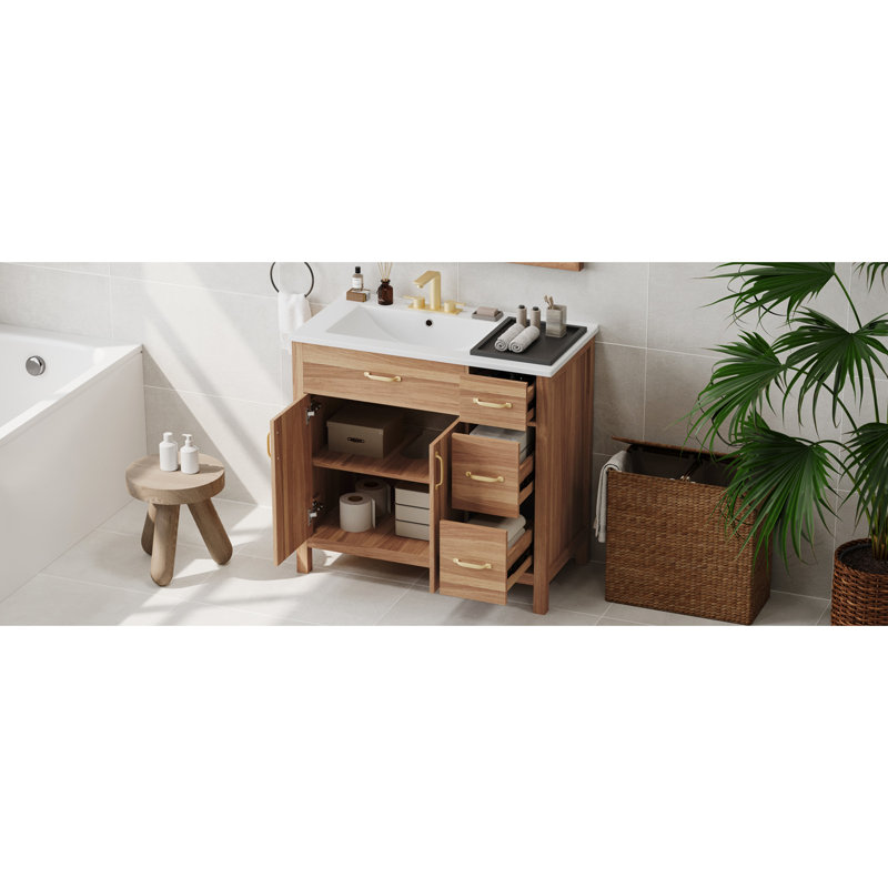 Meuble-lavabo moderne de 36 po en bois, portes et tiroirs à fermeture en douceur, lavabo en céramique, tablette réglable pour petits espaces, 2 portes solides, 3 portes compactes