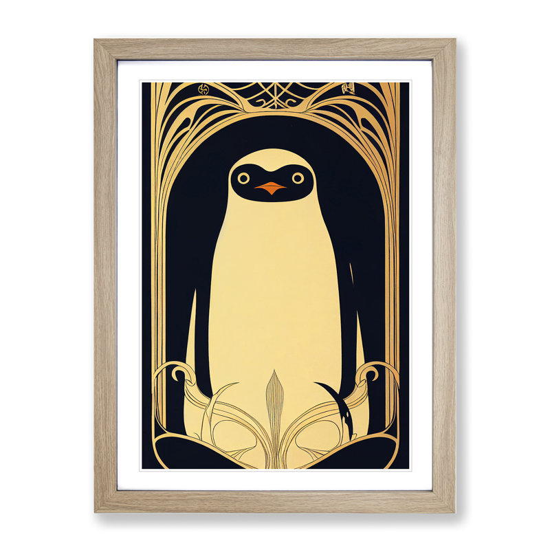 Art Deco Penguin - Wall Art, 34cm H x 25cm W x 2cm D, Oak Frame