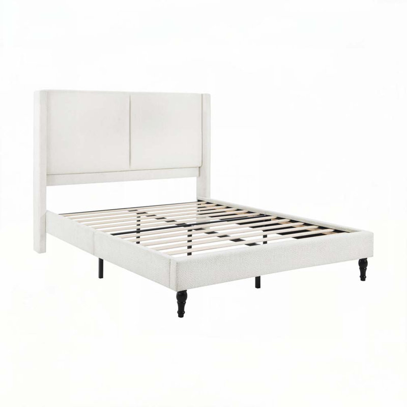 Structure de lit en tissu avec tête de lit rembourrée Boucle, Blanc, Grand