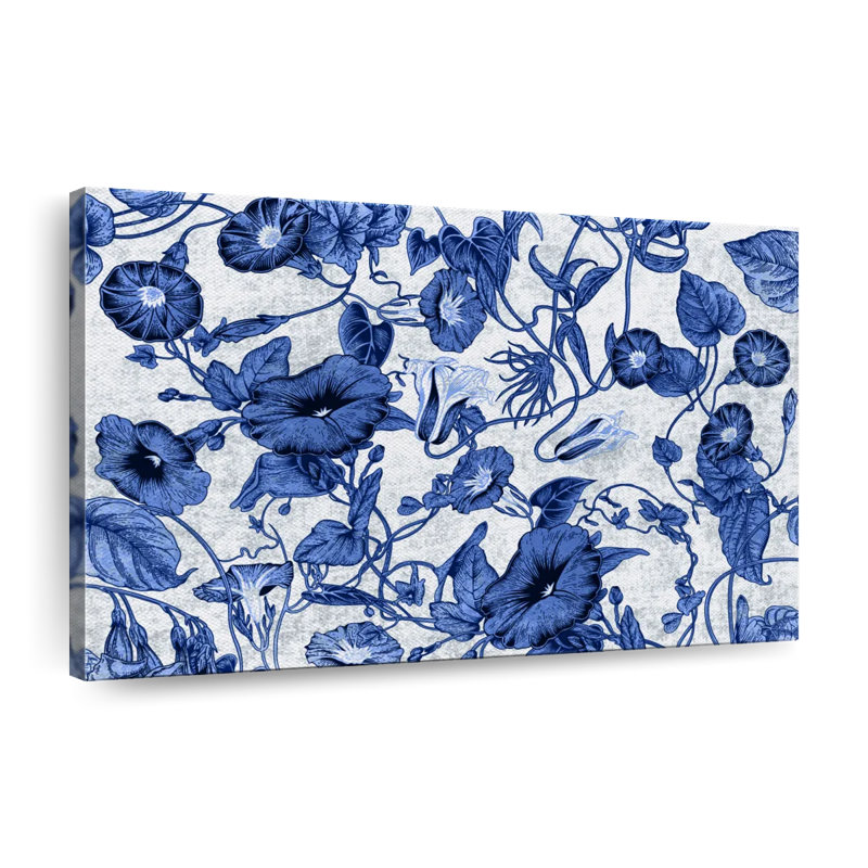 Fleur bleue au crochet sur toile, H 8 po x l 12 po x P 1 po