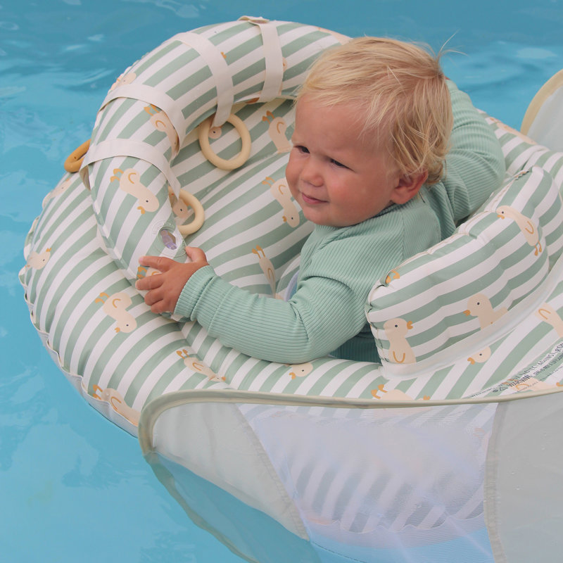Sunnylife: flotteur interactif pour bébé - rayure sauge canard - piscine gonflable et tube à anneau d'eau, siège ajustable en tissu, toile d'ombrage, anneaux de jeu, 6 à 12 mois