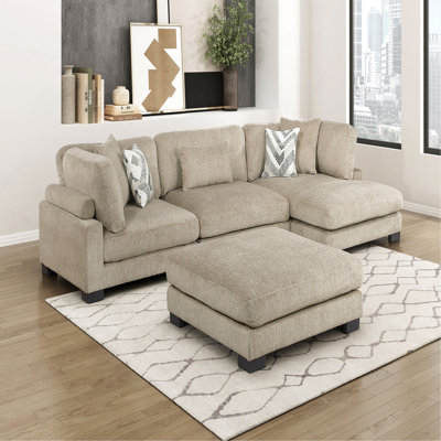 Contemporary 4-Piece Modular Sectional with Chaise Ottoman Plush Comfortable Pillows Upholstered Solid Wood Living Room Furniture