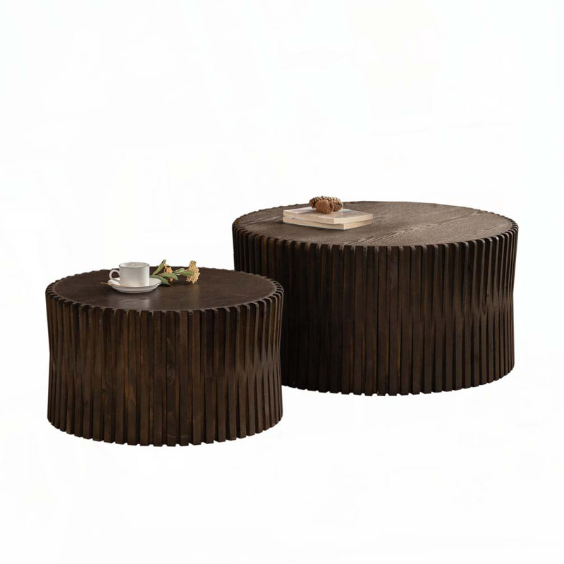 Vintage Retro Cylindrical Nesting Coffee Table Set | Vertical Textured Embossed Detail | Space-Saving Stackable Design | Decorative Accent for Living Room, Office & Dining Area