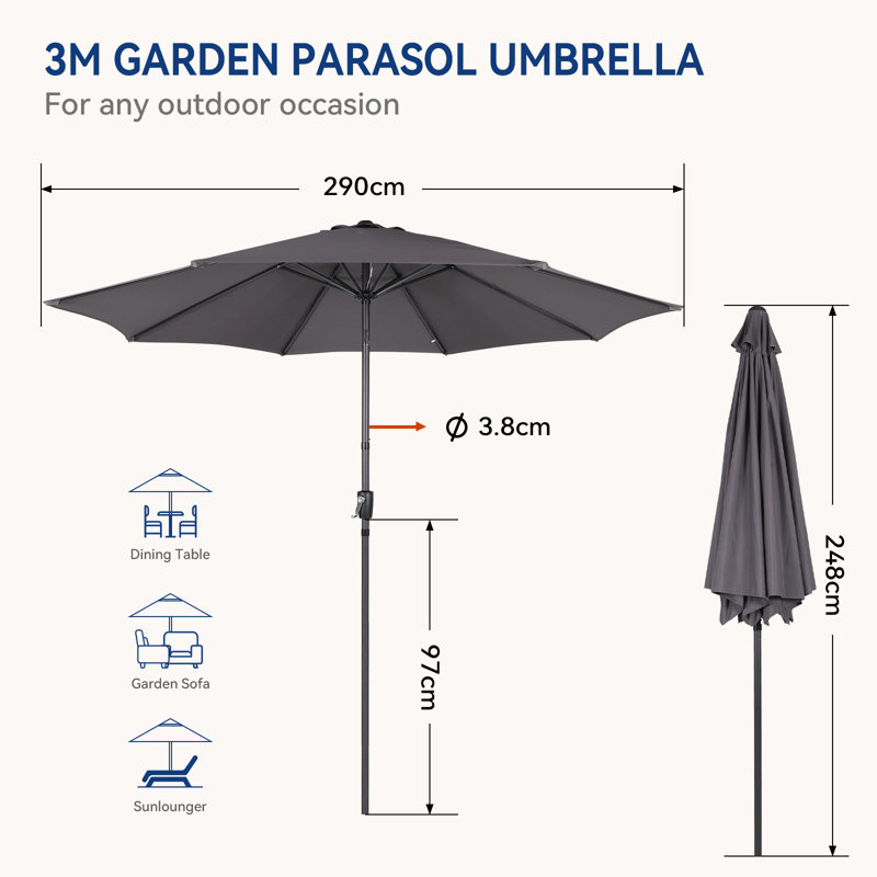 3m Large Paraso With UV, Garden Sun Shade Canopy Patio With Crank Tilt, Outdoor Umbrella  , Grey