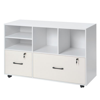 2 Drawer Wooden File Cabinet, Mobile Filing Cabinet with Open Shelves, Lockable Lateral Rolling File Storage with Adjustable Shelves, Free Standing Pr