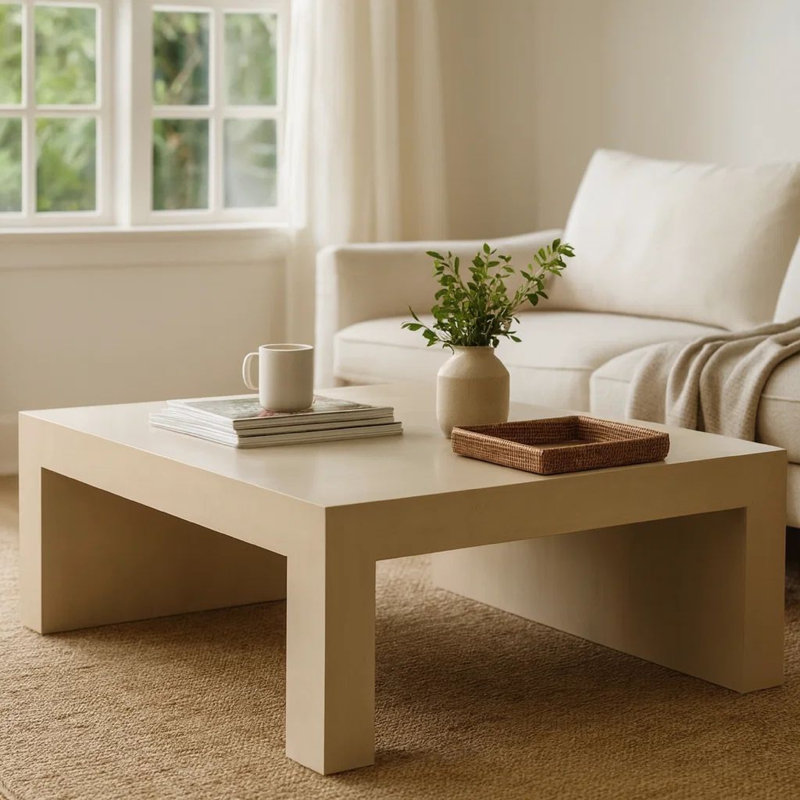 Somy Modern Coffee Table, 40 Inch Square Top, Wide Panel Legs, Natural Grey