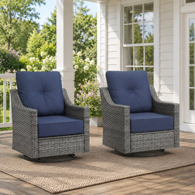 Ensemble de 2 chaises de patio pivotantes, chaises berçantes pivotantes en osier avec coussins de 6 po d'épaisseur, ensemble de meubles de patio en osier pour porche, balcon, jardin, osier / bleu