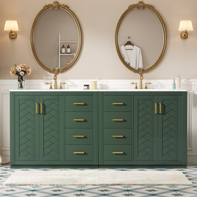 Meuble-lavabo de salle de bain avec lavabo en céramique, structure en bois massif, armoire de rangement autoportante, portes et tiroirs à fermeture en douceur