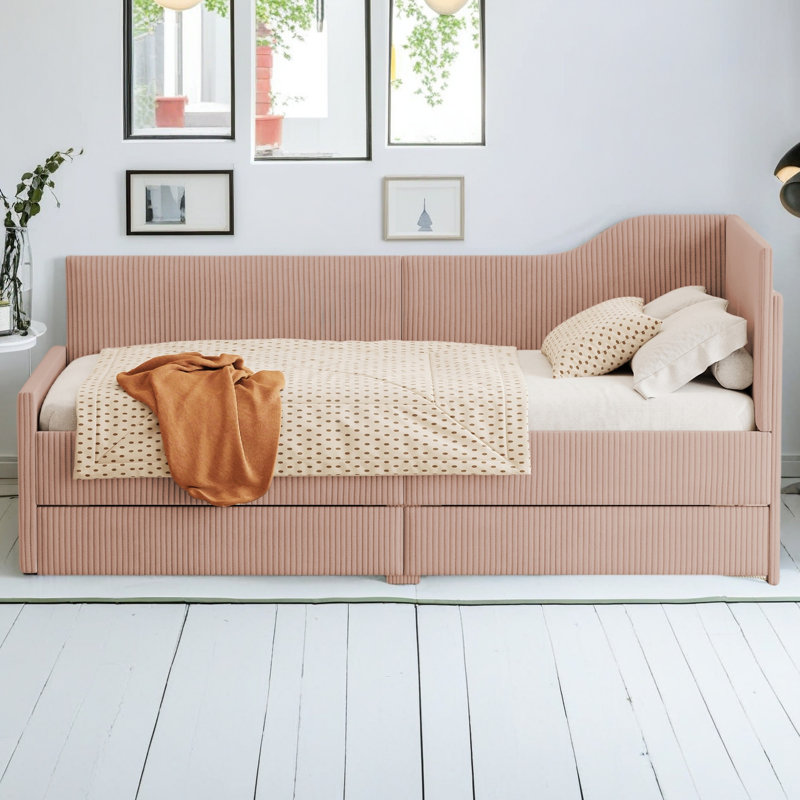 Twin Size L-Shaped Corduroy Daybed,Upholstered Bed Frame With 2 Storage Drawers, Pink