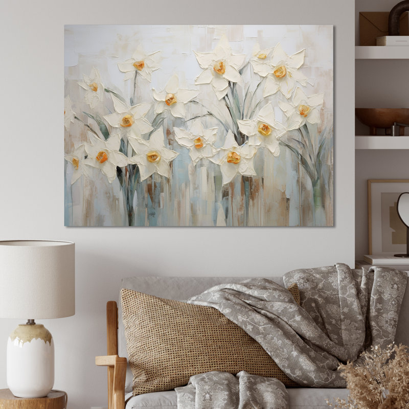 Minimalisme - jonquilles blanches II - impression, Toile tendue, H 30 po x l 40 po x P 1,5 po