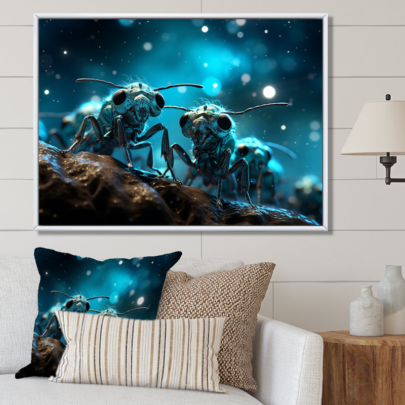 Fourmis lunaires argentées sur toile, Cadre naturel flottant, H 30 po x l 40 po