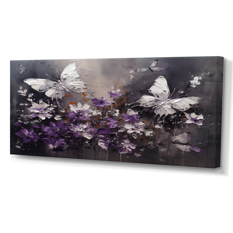 Ryuzo, ailes de papillon mauves et blanches - Fleurs, impressions sur toile, Toile tendue, H 28 po x l 60 po, Sans cadre