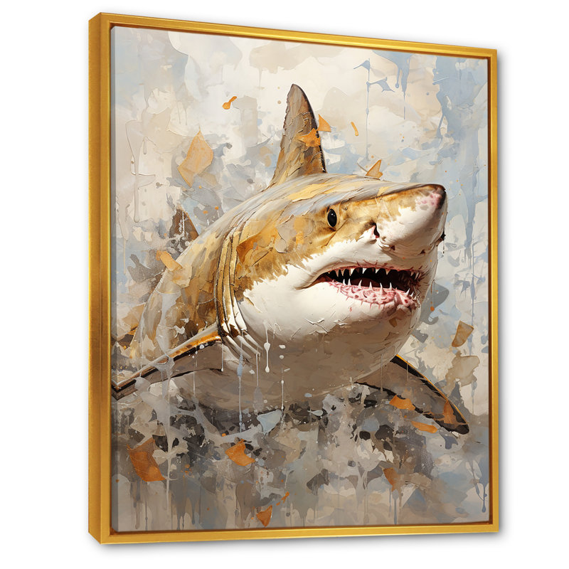 " Minimalism Shark Painting In Golden Beige I ", 40" H x 30" W x 1.5" D, Gold Floater Framed