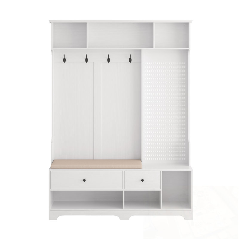 Multi-Purpose Hallway Hall Tree With Removable Linen Cushioned Entryway Bench, Coat Rack, Storage Shelves, And DIY Pegboard,For Hallways, Living Room