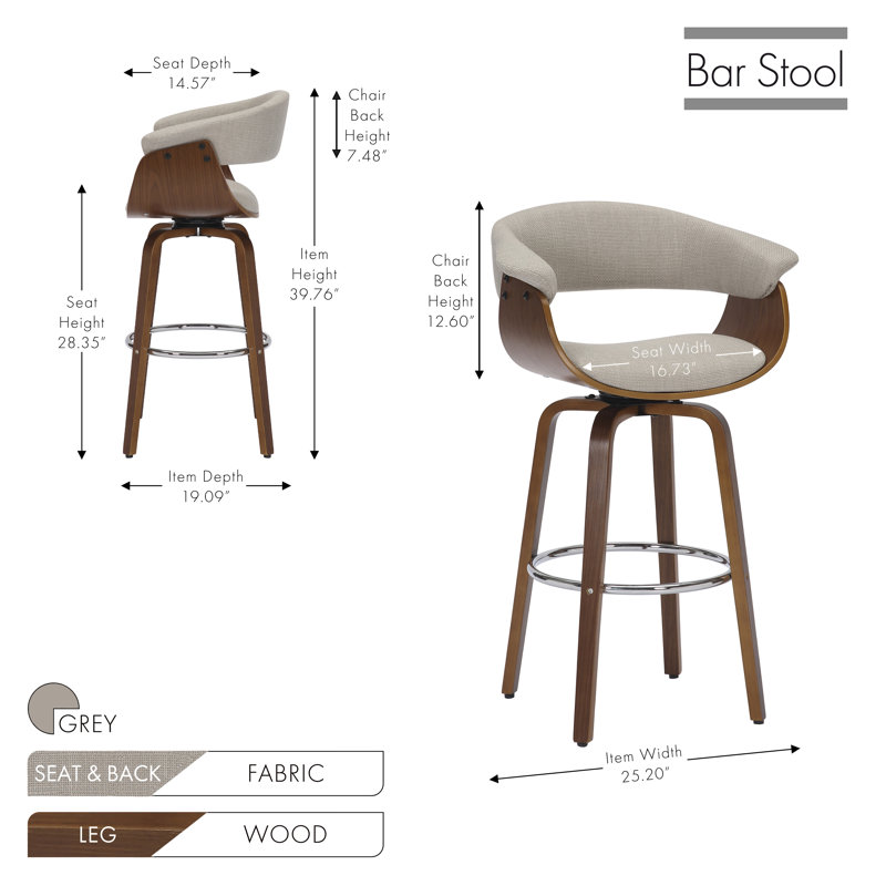 Avaan Anvar Swivel 28.5" Fabric Bar Stool, Gray