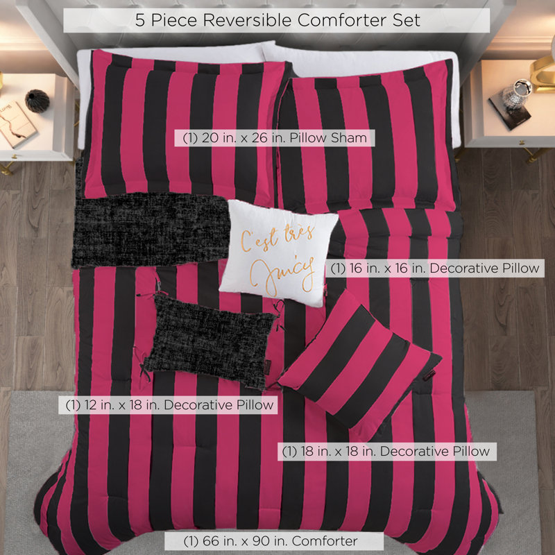 Juicy Couture Cabana Stripe Comforter Sets, Twin/Twin XL Comforter + 1 Sham + 3 Throw Pillows, Black/Hot Pink
