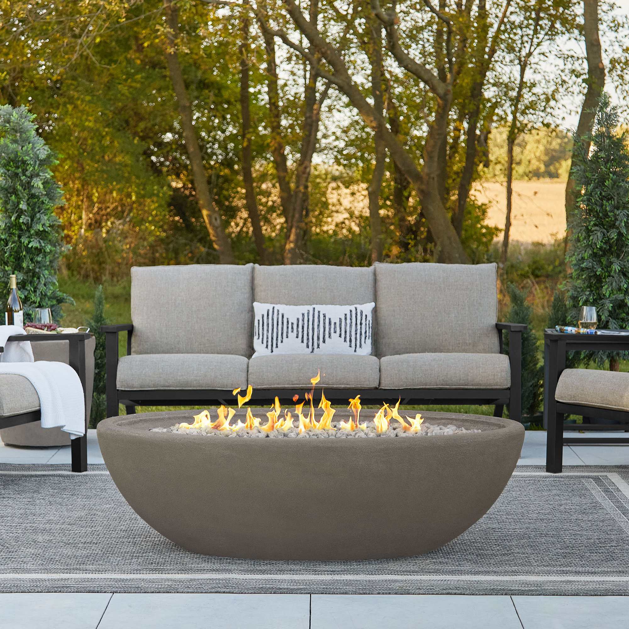 RIVERSIDE Oval Propane Fire Bowl by Real Flame, Glacier Gray, 17.25" H x 58" W x 32.25" D