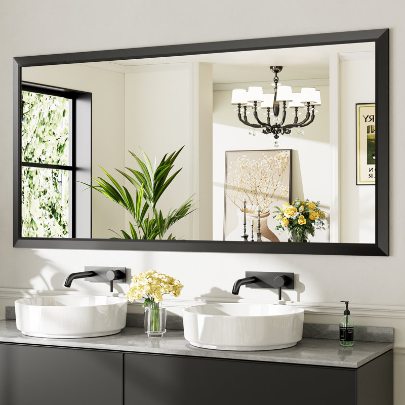 Miroirs de salle de bain modernes et contemporains en métal biseauté rectangulaire / carré avec verre trempé HD, Noir mat