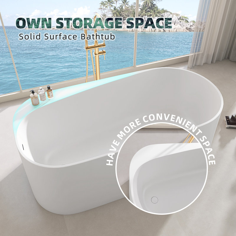 Baignoire de trempage à surface solide de 63 po x 31,5 po avec fond en pierre artificielle autoportante à fond plat et drain droit