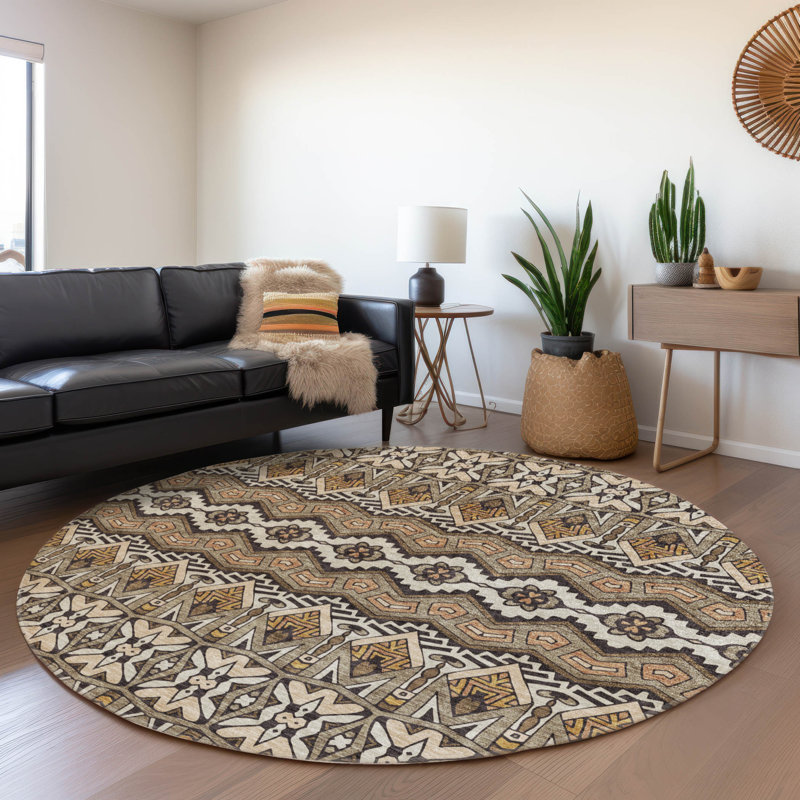 Tapis taupe Prisco lavable à la machine de qualité supérieure, Rond 8 pi